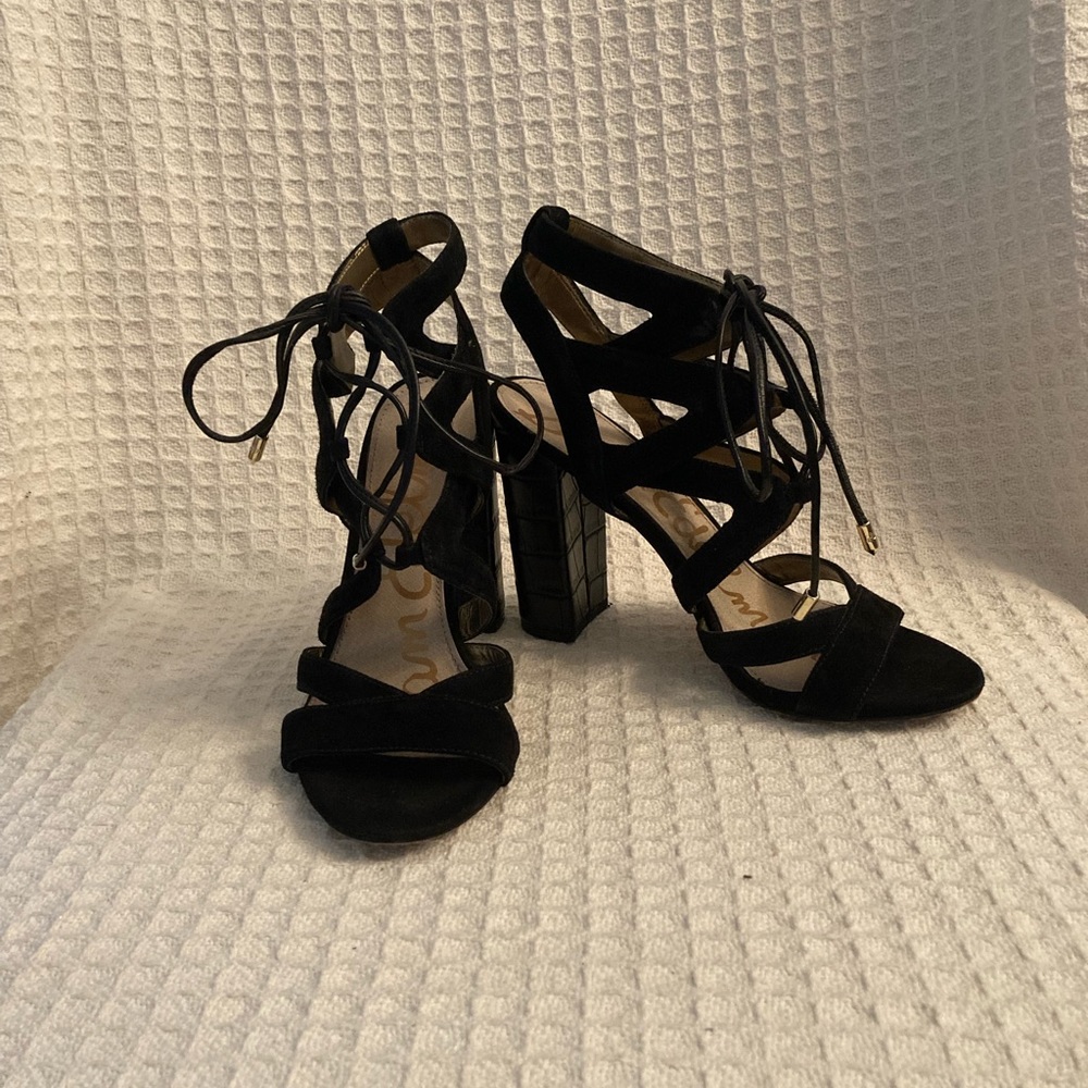 Sam Edelman Yardley Black Suede Lace Up Heeled Sandals
